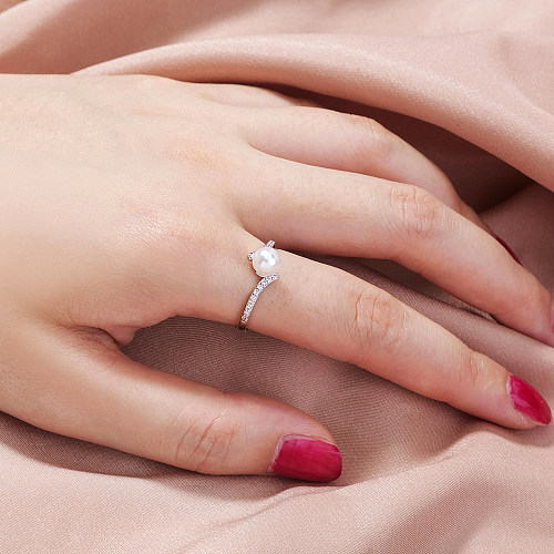 1 Piece Simple Style Round Copper Plating Inlay Pearl Zircon Silver Plated Open Ring