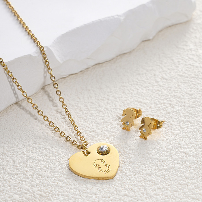 Collar de pendientes chapado en oro de 14K con incrustaciones de gemas de acero inoxidable con forma de corazón humano de estilo Simple y bonito