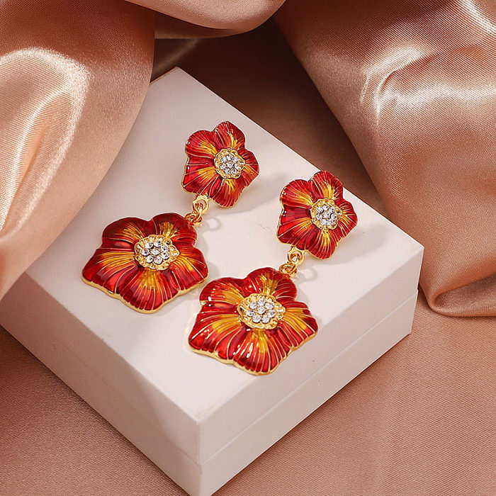 1 Pair Retro Sweet Flower Painted Plating Inlay Copper Zircon 18K Gold Plated Drop Earrings