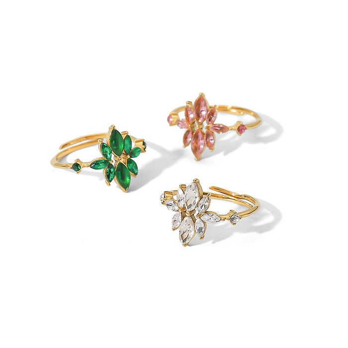 French Style Flower Stainless Steel Inlay Zircon Rings 1 Piece