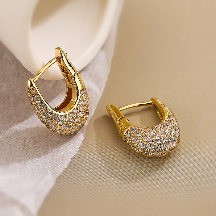 1 paire de boucles d'oreilles plaquées or 18 carats, Style Simple, en forme de U, incrustation de cuivre et de Zircon
