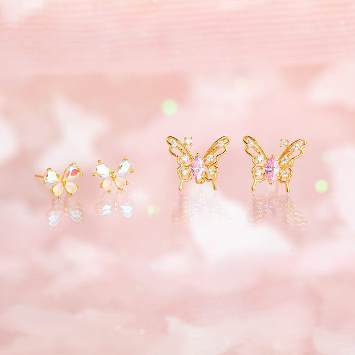 Korean Style Korean Style Dignified Hollow Butterfly Studs Micro Inlaid Zircon Pure Silver Ear Pin Earrings Cross-Border Sold Jewelry Wholesale