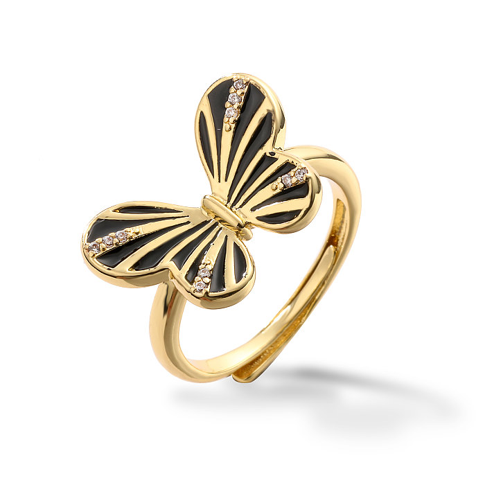Elegante praia doce borboleta cobre esmalte chapeamento inlay zircon 18K anéis abertos banhados a ouro
