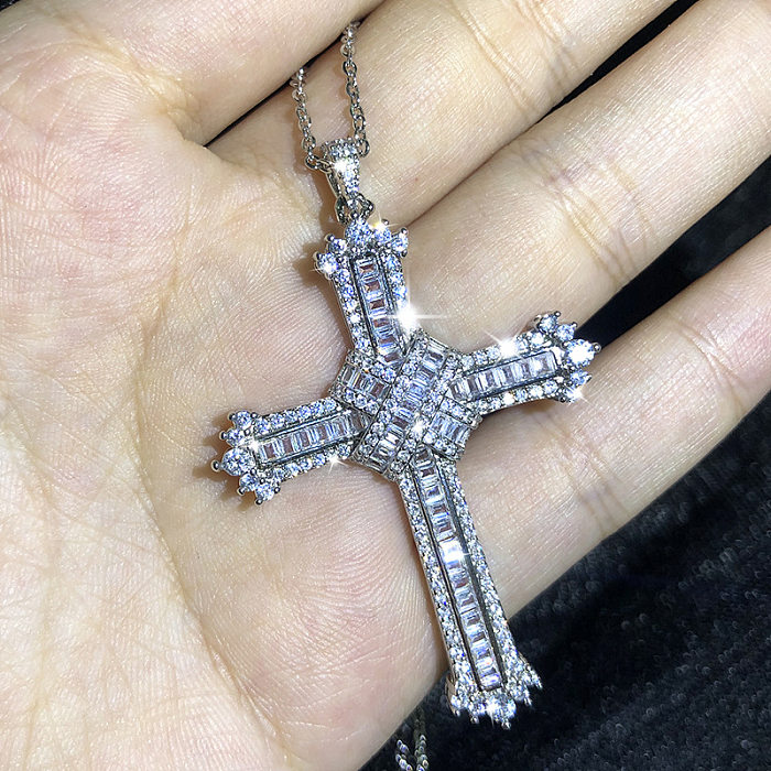 Retro Cross White Copper Inlay Zircon Pendant Necklace