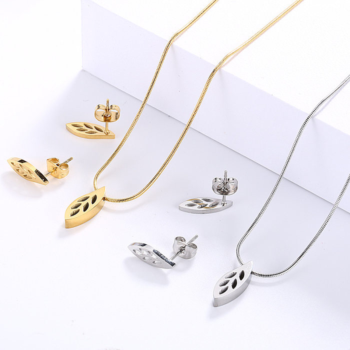 Korean Harajuku Hollow Leaves Leaves Necklace Ear Stud Women's Simple Jewelry Suit Foreign Trade Supply