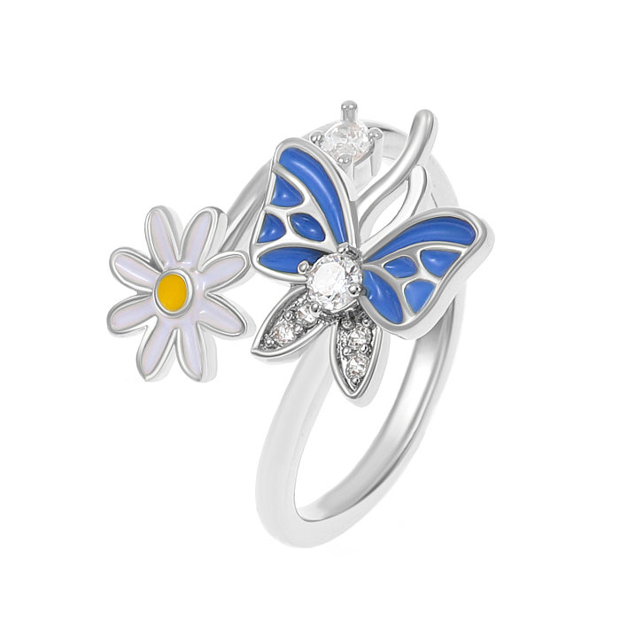 Modischer offener Ring mit Blumen- und Schmetterlings-Kupfer-Inlay und Strasssteinen, 1 Stück