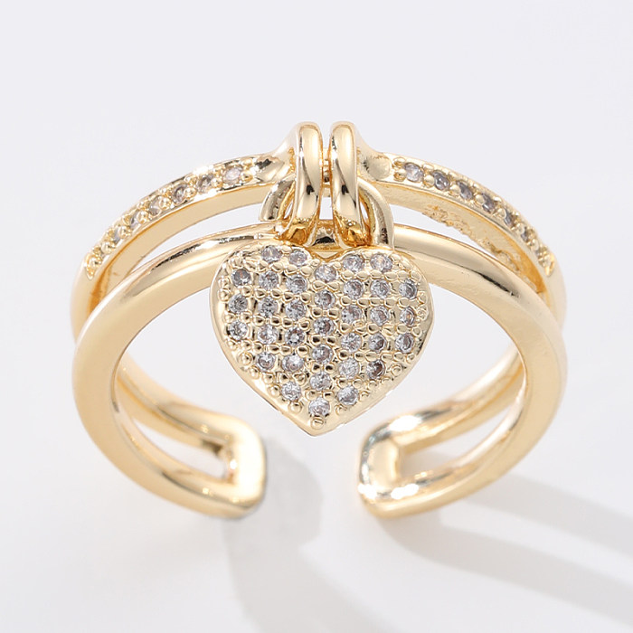 Anéis elegantes com pingente de strass em forma de coração em cobre