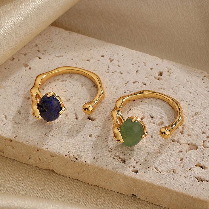 IG Style Simple Style Oval Copper Plating Inlay Glass Lapis Lazuli 18K Gold Plated Open Rings