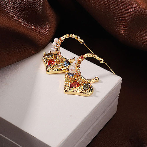1 Paar Retro-Ohrringe für den Pendelverkehr, Herzform, Perlenbeschichtung, Inlay aus Kupfer, Zirkon, 18 Karat vergoldet
