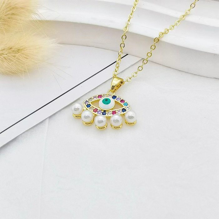 IG Style Casual Devil'S Eye Star Moon Copper Enamel Plating Inlay Pearl Zircon 18K Gold Plated Pendant Necklace