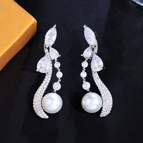 1 Pair Sweet Water Droplets Plating Inlay Copper Artificial Pearls Artificial Diamond Rhodium Plated Silver Plated Drop Earrings