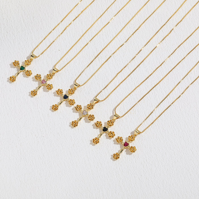 Elegant Cross Heart Shape Flower Copper Inlay Zircon 14K Gold Plated Pendant Necklace