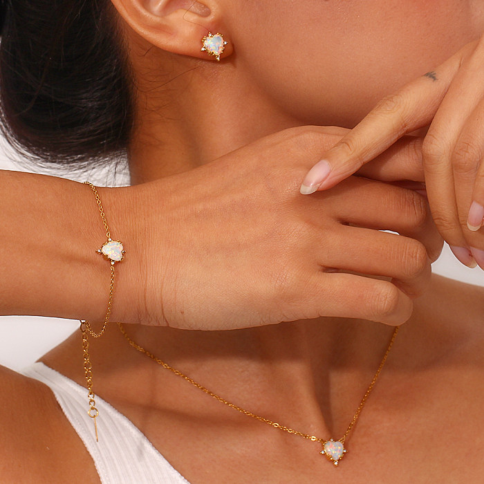 Estilo vintage estilo simples estilo clássico formato de coração em aço inoxidável pedras preciosas artificiais banhadas a ouro 18K pulseiras femininas brincos colar