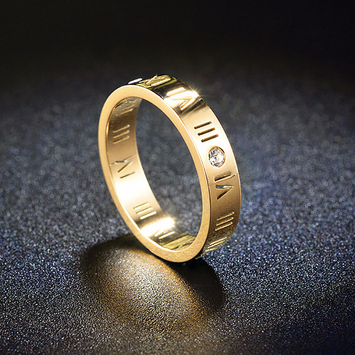 Roman Style Number Titanium Steel Polishing Plating Inlay Rhinestones 18K Gold Plated Rings