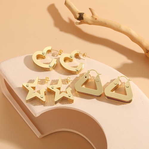 1 paire de boucles d'oreilles en cuivre plaqué or 14 carats, Style Simple, Triangle, étoile, forme de cœur