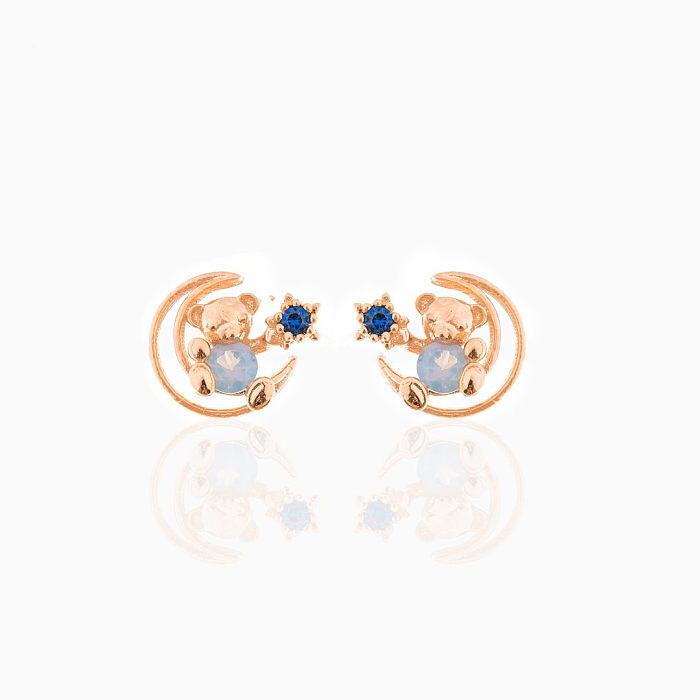 Cute Pink Bear Series Stud Earrings Star Moon Peach Heart Pure Silver Ear Pin Coati Eardrops Earrings