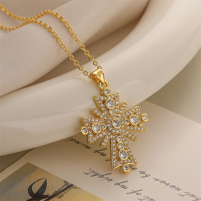 IG Style Simple Style Cross Copper Plating Inlay Zircon Gold Plated Pendant Necklace