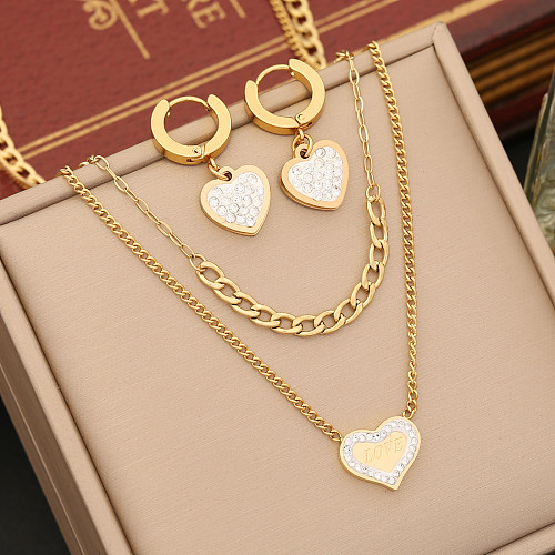 Retro estilo simples forma de coração incrustação de aço inoxidável diamante artificial feminino pulseiras brincos colar