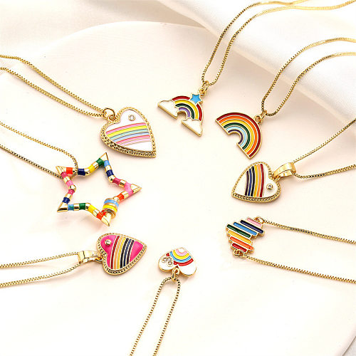 Vintage Style Rainbow Heart Shape Copper Enamel Inlay Zircon Pendant Necklace