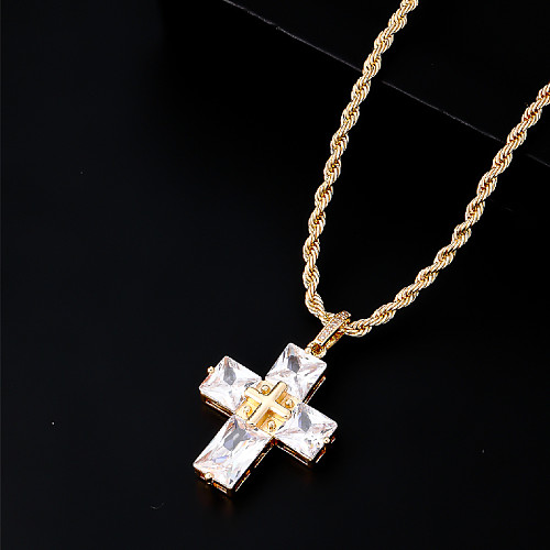 Hip-Hop Vintage Style Cross Copper Plating Inlay Zircon Gold Plated Pendant Necklace