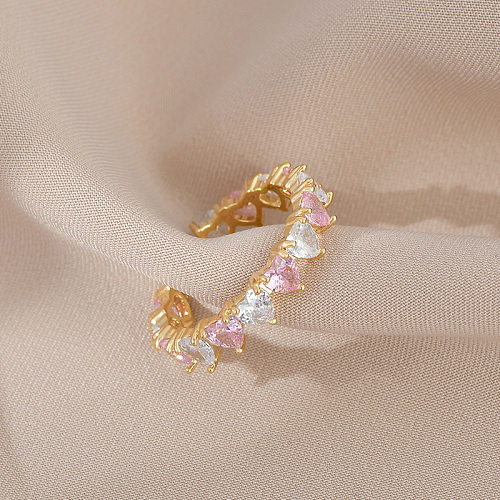Anel aberto de zircão com revestimento de cobre em formato de coração da moda
