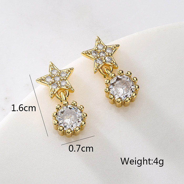 Fashion Round Star Copper Gold Plated Zircon Drop Earrings 1 Pair