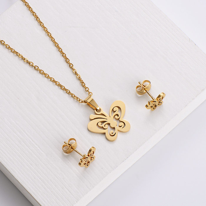 Stainless Steel Hollow Butterfly Pendant Earrings Clavicle Chain Set