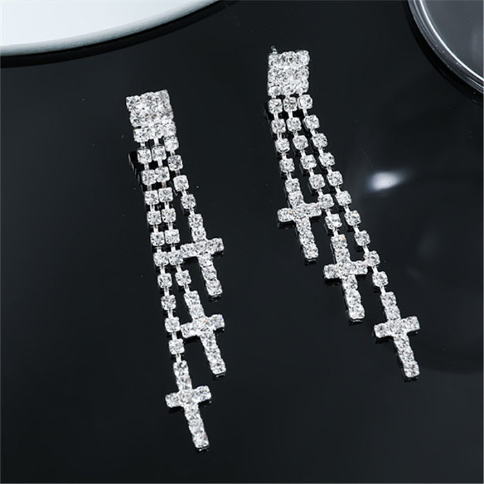 1 Pair Shiny Cross Copper Plating Inlay Rhinestones Silver Plated Drop Earrings
