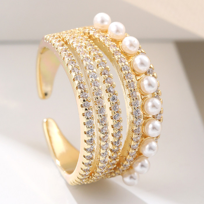 Retro Simple Style Geometric Copper Inlay Artificial Pearls Zircon Open Rings