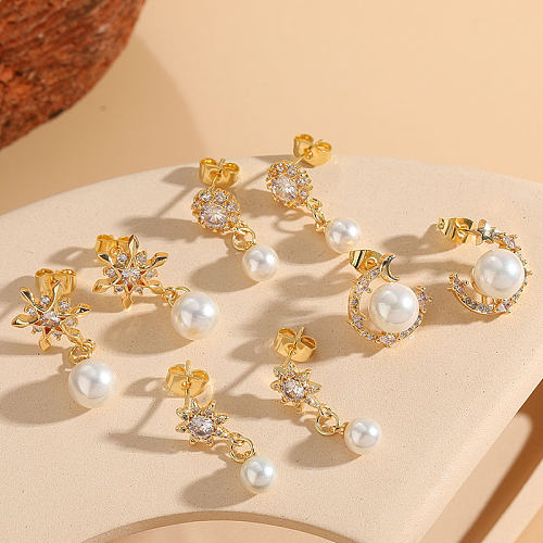 1 paire de boucles d'oreilles pendantes asymétriques en forme d'étoile de Style classique, incrustée de perles de cuivre et de Zircon plaqué or 14 carats
