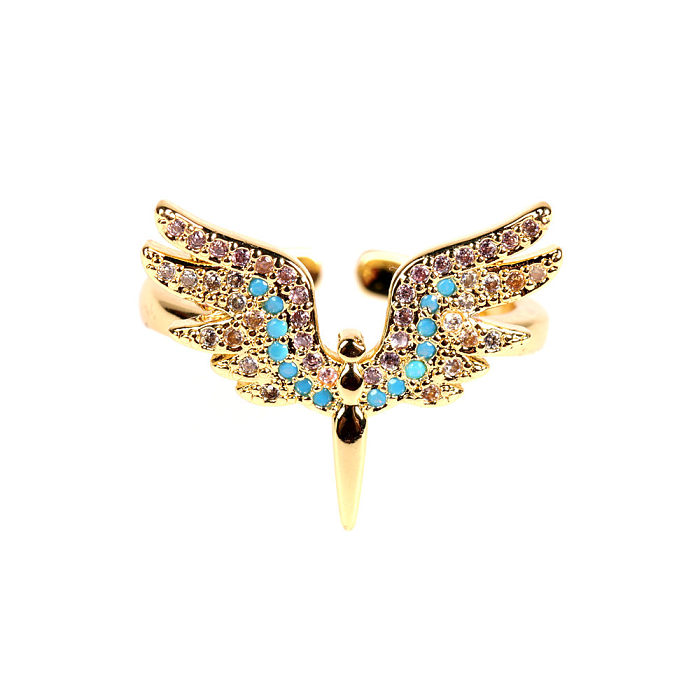 1 Piece Fashion Angel Wings Copper Inlay Zircon Open Ring