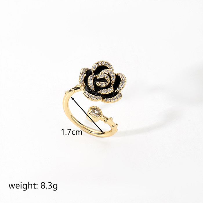 Elegant Shiny Rose Flower Copper Shiny Metallic Inlay Zircon Open Rings