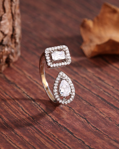 Luxurious French Style Square Water Droplets Copper Asymmetrical Plating Inlay Zircon 18K Gold Plated Open Ring