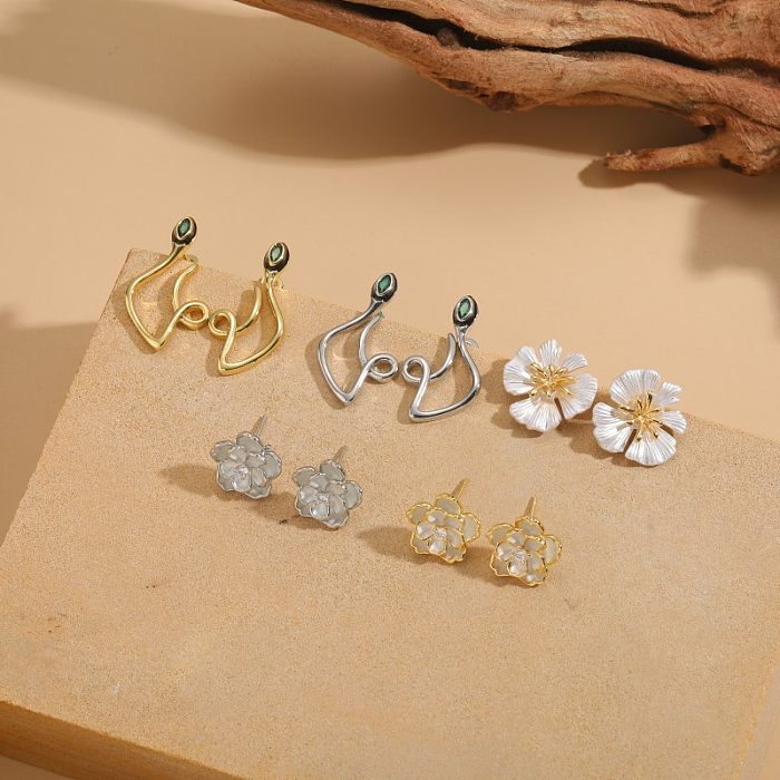 1 Pair Sweet Flower Snake Plating Inlay Copper Zircon 14K Gold Plated Ear Studs