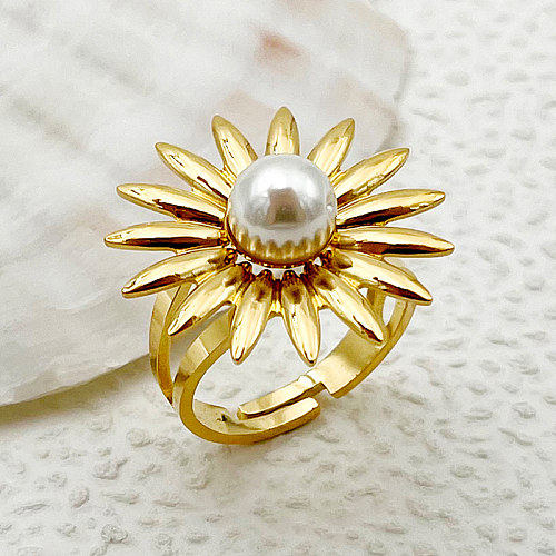 Wholesale Elegant Sweet Commute Flower Stainless Steel Plating Inlay Gold Plated Pearl Open Rings
