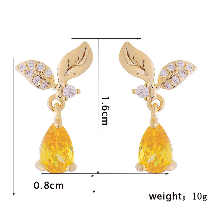 1 Pair Elegant French Style Leaf Water Droplets Plating Inlay Copper Zircon 14K Gold Plated Drop Earrings