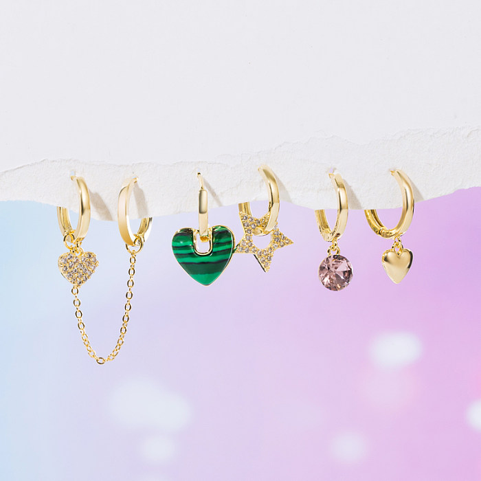 Yakemiyou Fashion Star Bear Heart Shape Copper Enamel Zircon Dangling Earrings 1 Set