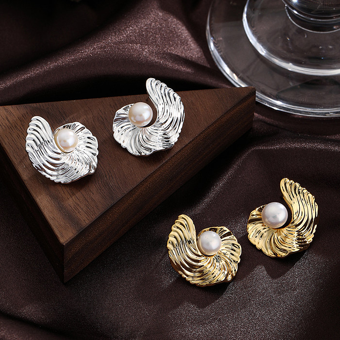 1 Pair IG Style Simple Style Solid Color Water Ripples Plating Inlay Copper Pearl 18K Gold Plated Silver Plated Ear Studs