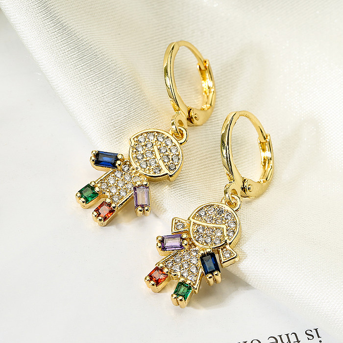 1 paire de boucles d'oreilles pendantes en cuivre et Zircon, plaqué or 18 carats, style moderne, personnage de dessin animé artistique