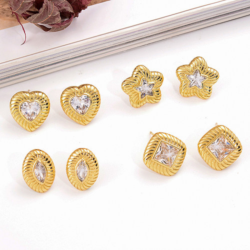 1 Pair Vintage Style Simple Style Oval Heart Shape Plating Inlay Copper Zircon 18K Gold Plated Ear Studs