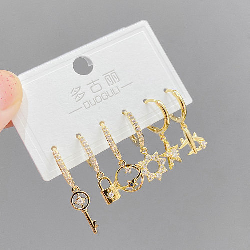 Sweet Star Key Airplane Copper Drop Earrings Asymmetrical Inlay Zircon Copper Earrings 3 Pairs