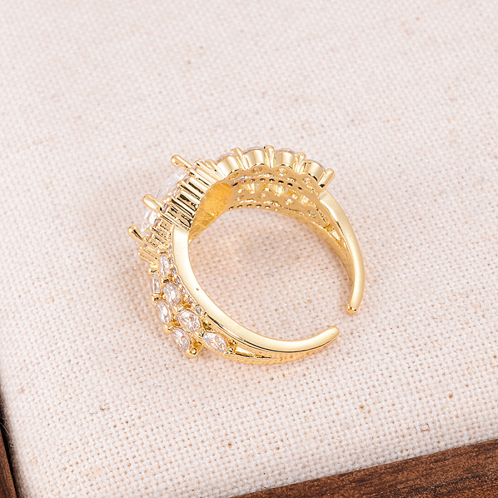 Estilo clássico elegante redondo chapeamento de cobre embutimento zircão 18K anéis abertos banhados a ouro