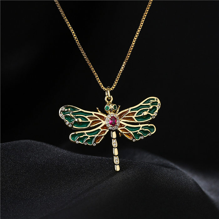 European And American Hot Sale New Product Copper Oil Dripping Zircon Dragonfly Pendant Golden Necklace