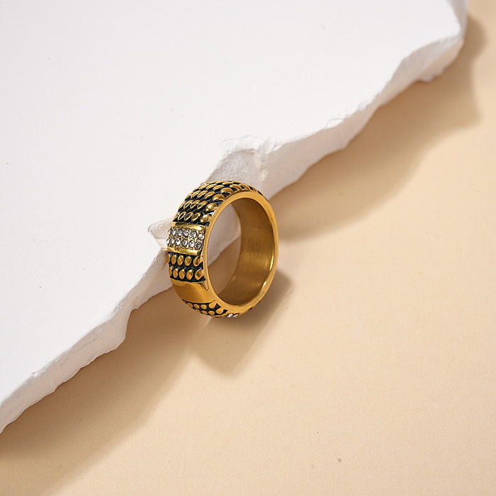 Modern Style Simple Style Plaid Stainless Steel Enamel Plating Inlay Zircon Gold Plated Rings
