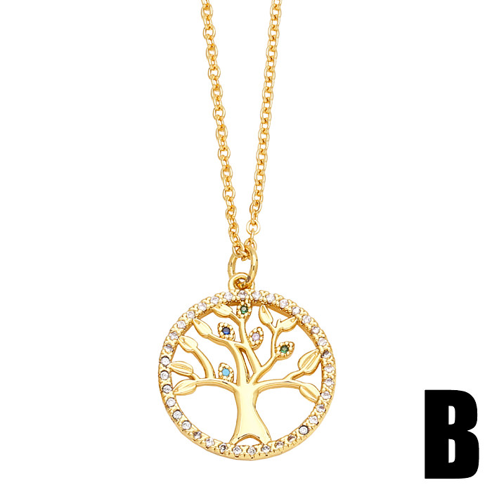 INS Style Tree Heart Shape Copper Plating Inlay Zircon 18K Gold Plated Pendant Necklace