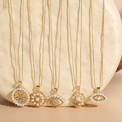 Elegante, luxuriöse, klassische Teufelsaugen-Baum-Anhänger-Halskette mit Kupferbeschichtung, Inlay, Perle und Zirkon, 14 Karat vergoldet