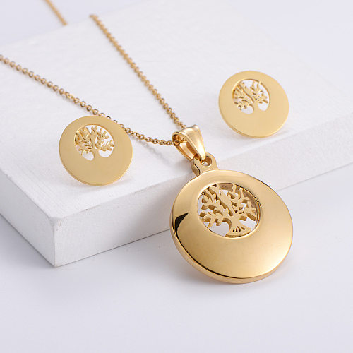 Ensemble de boucles d'oreilles et collier pendentif creux arbre de vie en or, vente en gros de bijoux