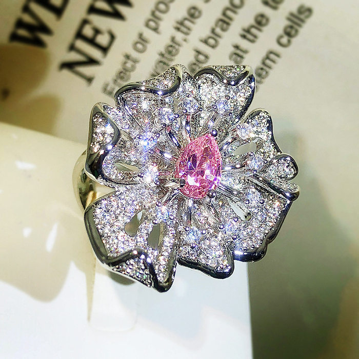 Exaggerated Shiny Flower Brass Plating Inlay Zircon Open Rings
