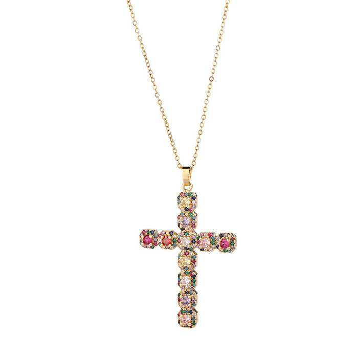 Streetwear Cross Copper Plating Inlay Zircon Pendant Necklace Sweater Chain