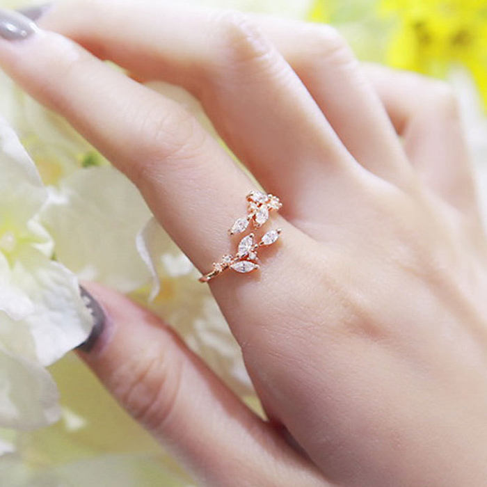 Simple Style Leaves Copper Plating Zircon Open Ring 1 Piece